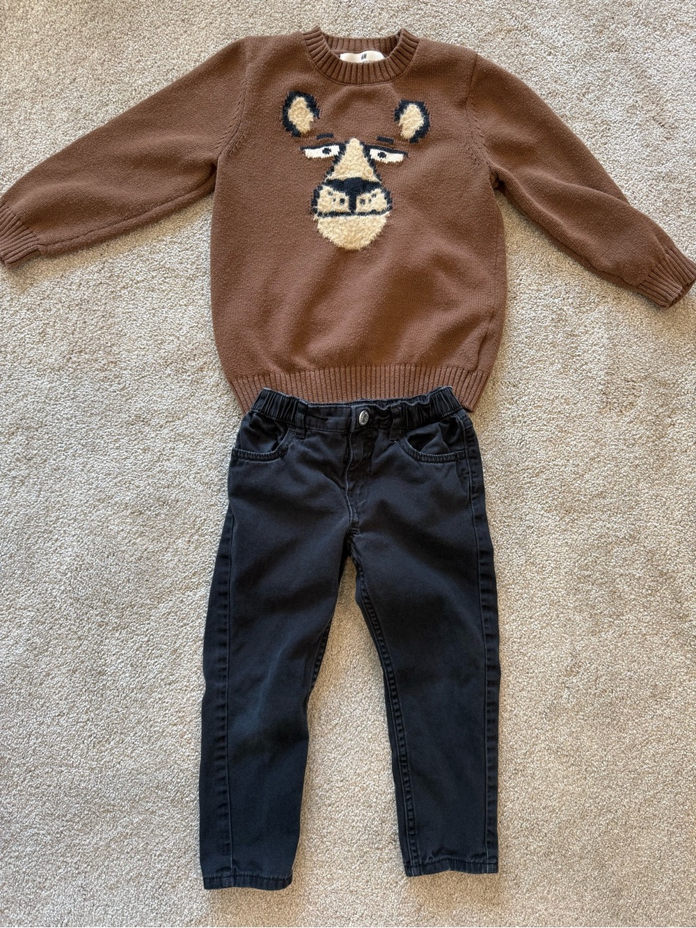 H&M Lion Sweater Outfit Set Boys 4T 4-5Y Brown Animal Pullover Black Pants